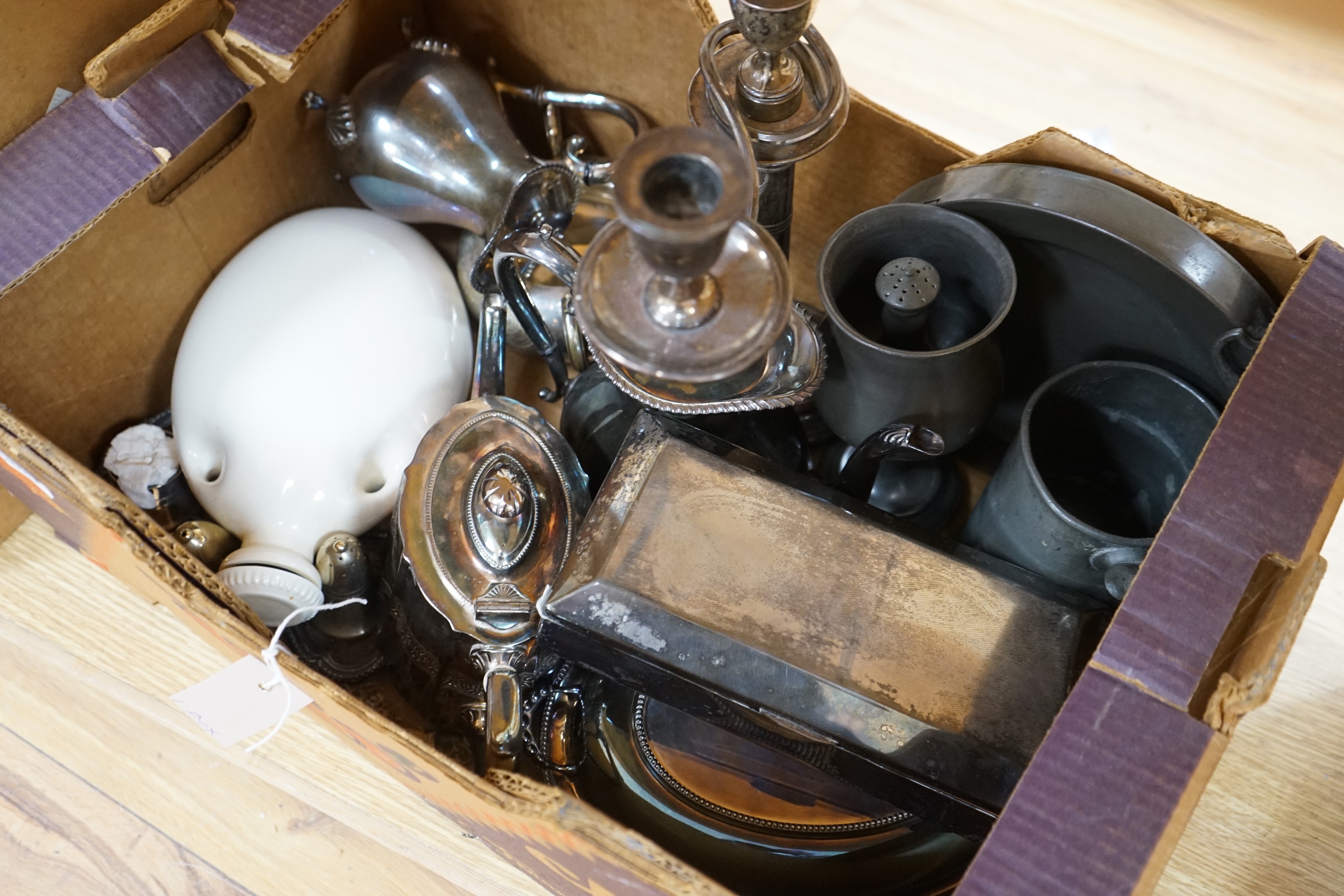 A mixed assortment of silver plated ware, pewter etc